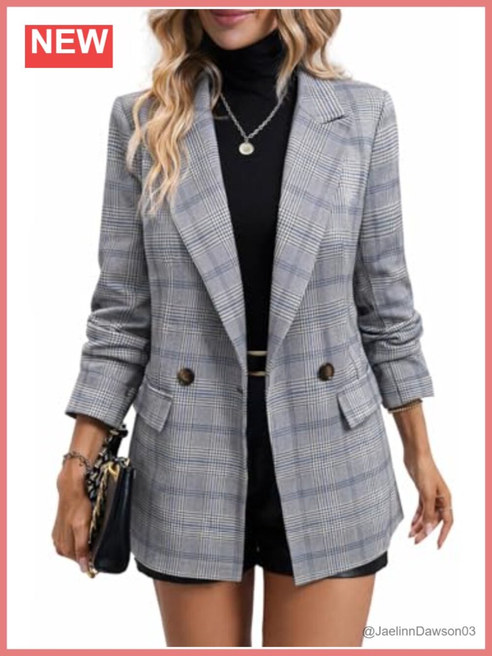 Women's Plaid Double-Breasted Blazer Business Casual Houndstooth Jacket